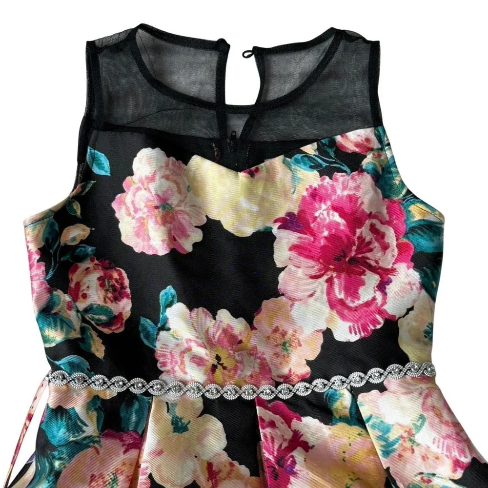 Speechless Kids Floral Bubble Hem Dress Rhinestone Waist Black Pink Size 8